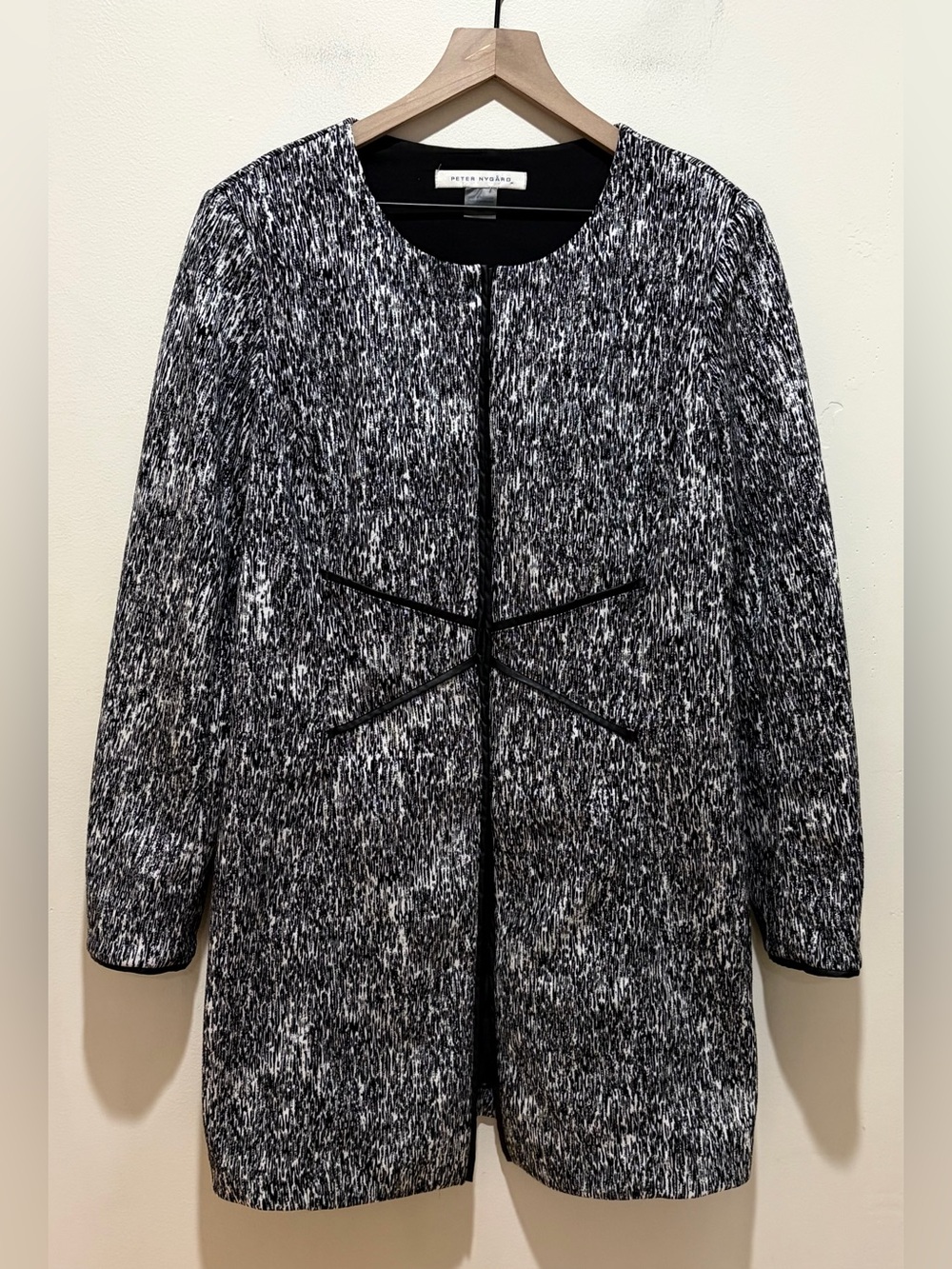 Peter Nygard Black, White & Silver Long Open Front Duster Jacket - Women’s 12